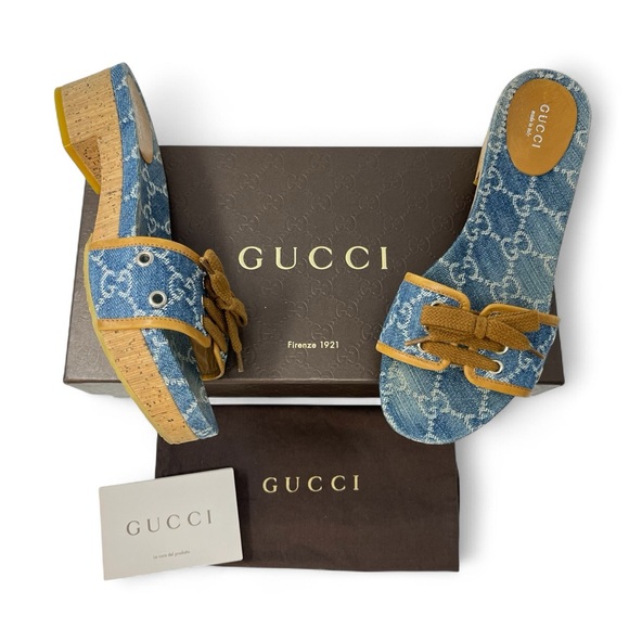 Gucci Shoes - Gucci Vintage 90s Y2K Interlocking GG Logo Sandals Slides Heels Denim Blue 38 8